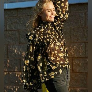 Floral Black and Yellow Sheer Women's Blouse